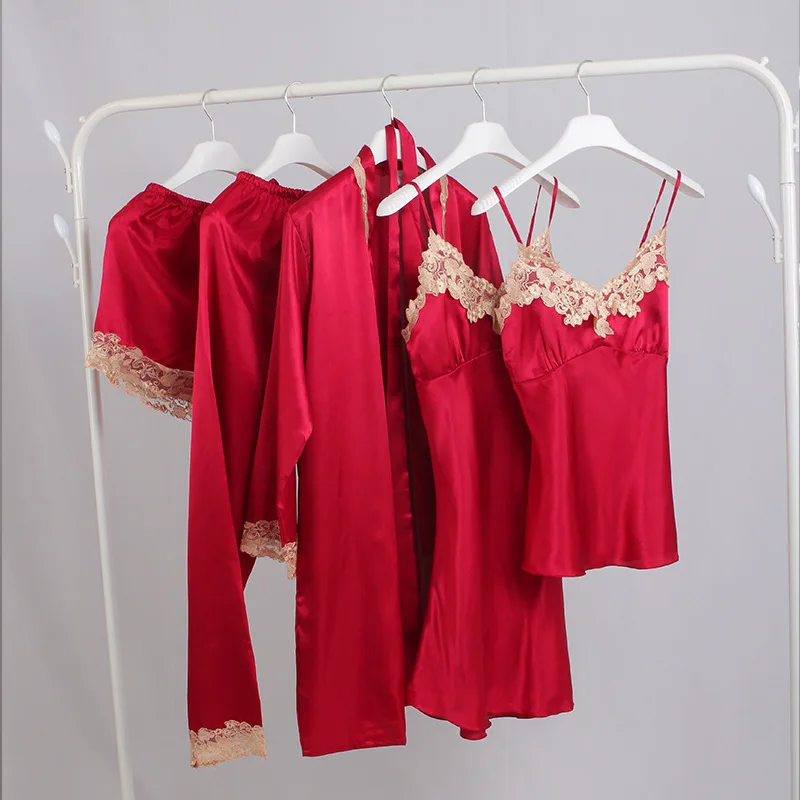 

Women Rayon Pajamas Set 5PCS Sleepwear Sexy Lace Trim Sleep Set Soft Pijama Suit Female Casual Nightwear Kimono Bathrobe Gown