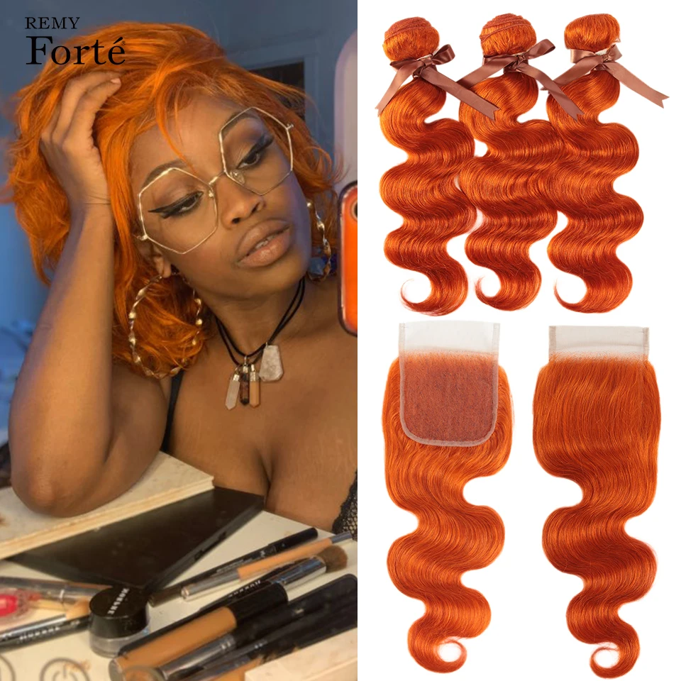 Remy Forte Blonde Human Hair Bundles With Closure Orange Body Wave 3 Bundles With Closure Peruvian Hair Weave Bundles Fast USA