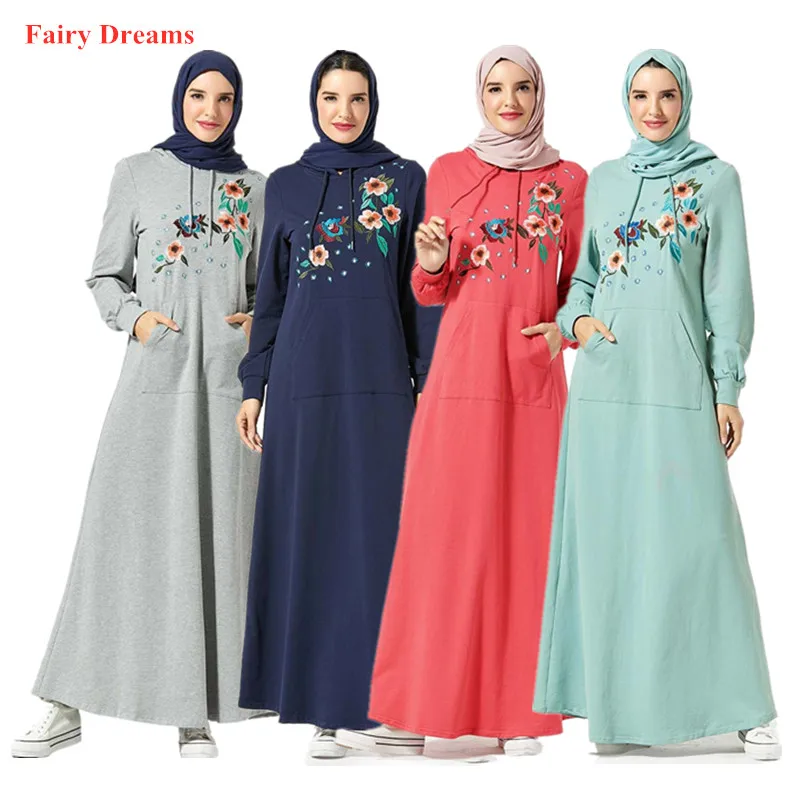 Женский свитер с капюшоном и карманами мусульманское платье вышивкой на осень