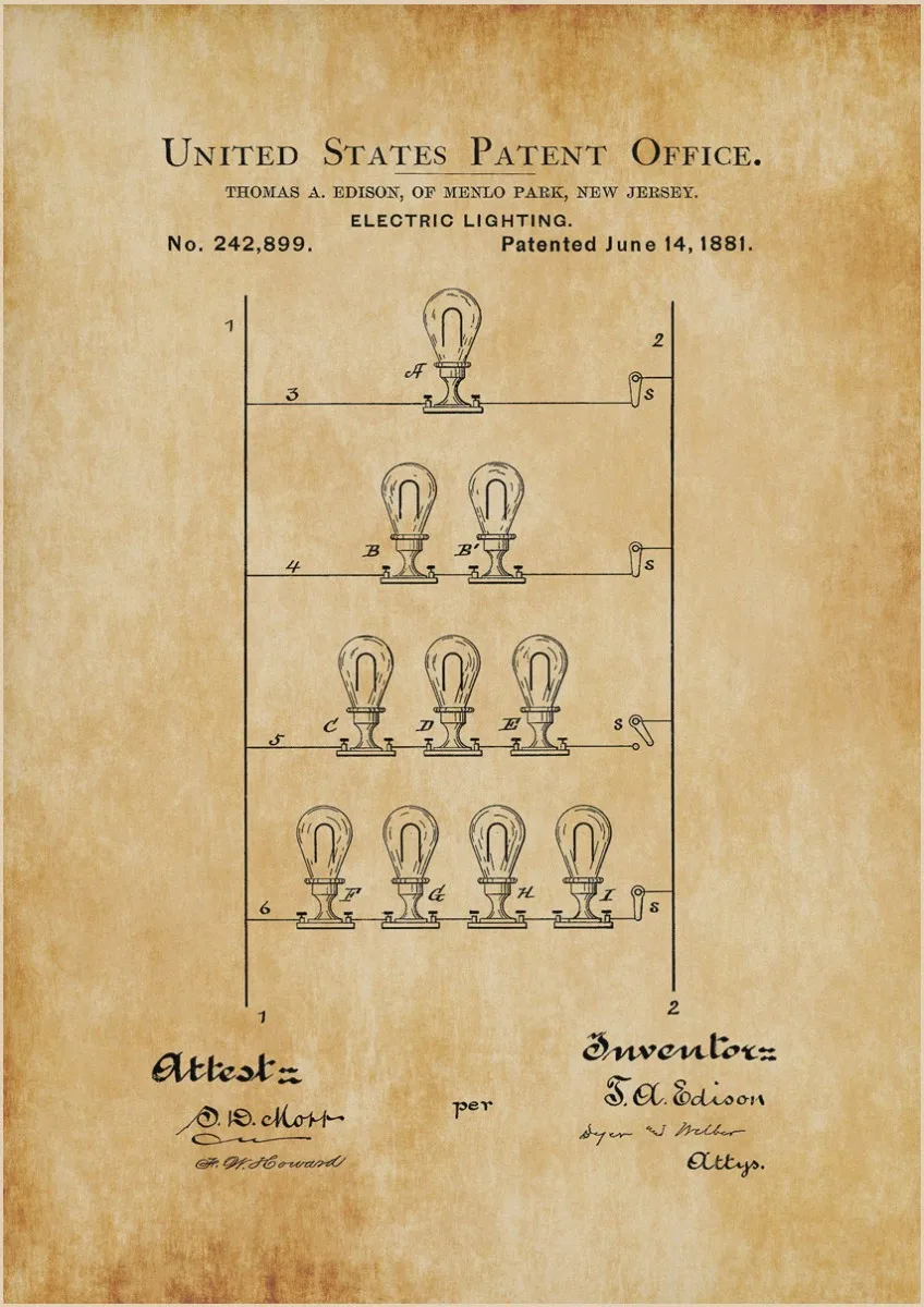 

Vintage Kraft Paper Poster of United States Patent Office Electric Lighting Sticker for Classroom Home Bar Art Wall Decorative