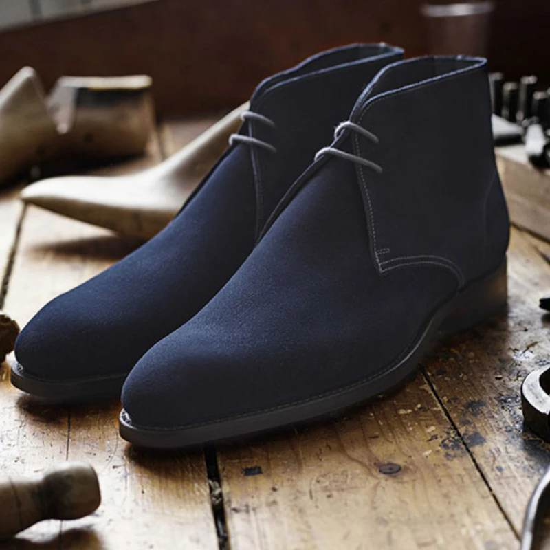 

Retro Men Fashion Pointed Low Heel Blue Suede Lace Up Classic Comfortable Casual and Ankle Low Top Boots Chaussure Homme KG635