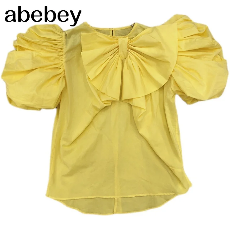 

2021 Summer Blouse for Women Pleated Short Bubble Sleeve Three-Dimensional Flower Bow Tie Top Slim Shirt Lady Blusas Solid Color
