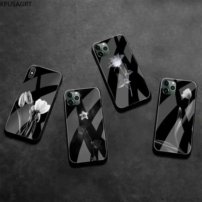 Чехол для телефона KPUSAGRT с милыми черно белыми цветами закаленное стекло iPhone 11 Pro XR