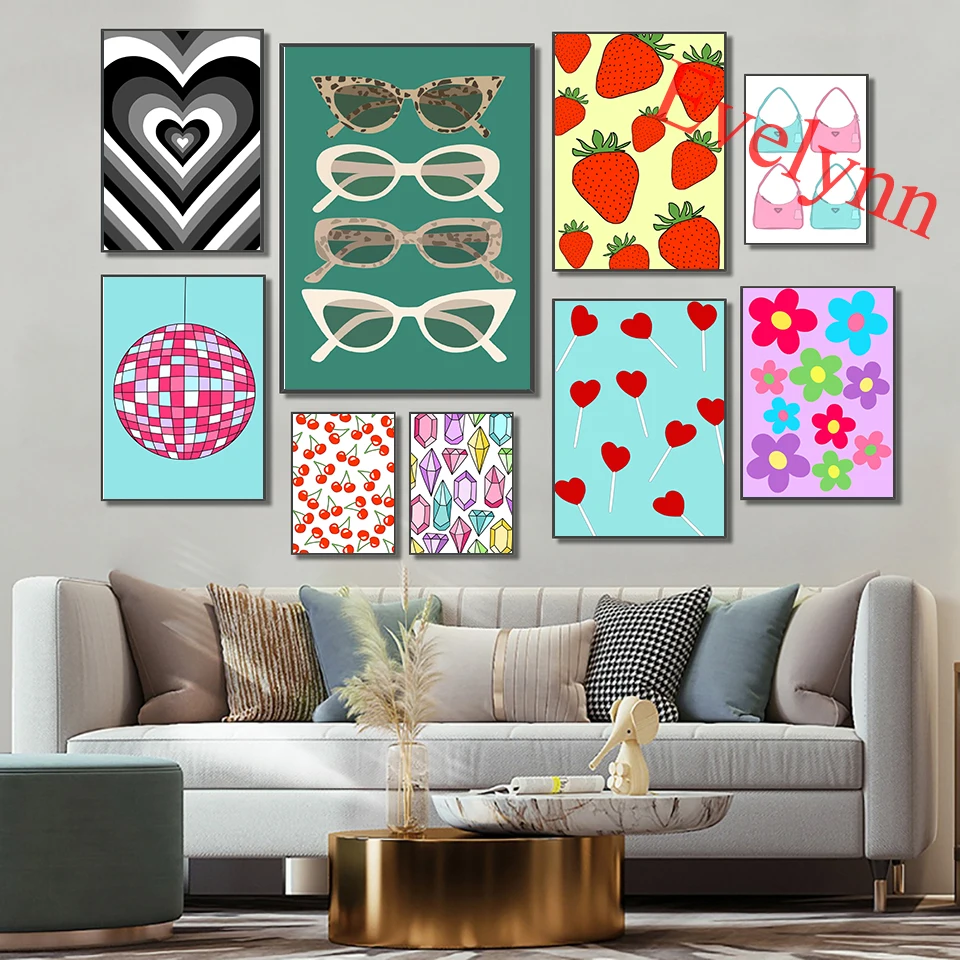 

Retro Style Funky Posters Love Heart Strawberry Disco Ball Boots Cherry Flower Lollipop Girls Room Decor Canvas Wall Art Prints