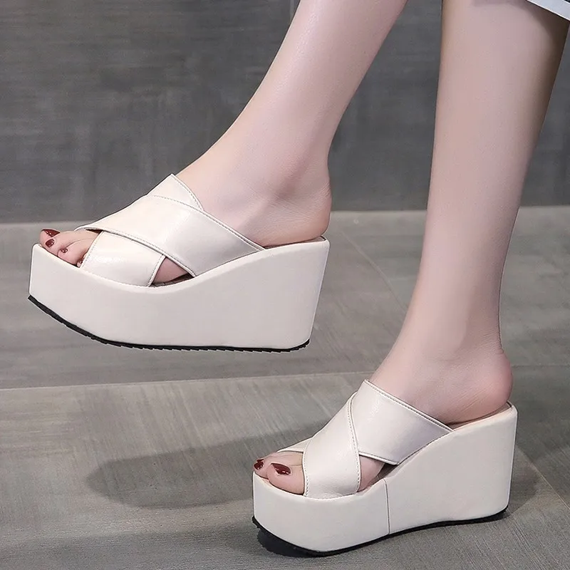 New Korean High Heels 9CM Platform Heightening Wedge Women Shoes Mules Talons Feminino Peep Toe Pu Leather Office Lady Slippers