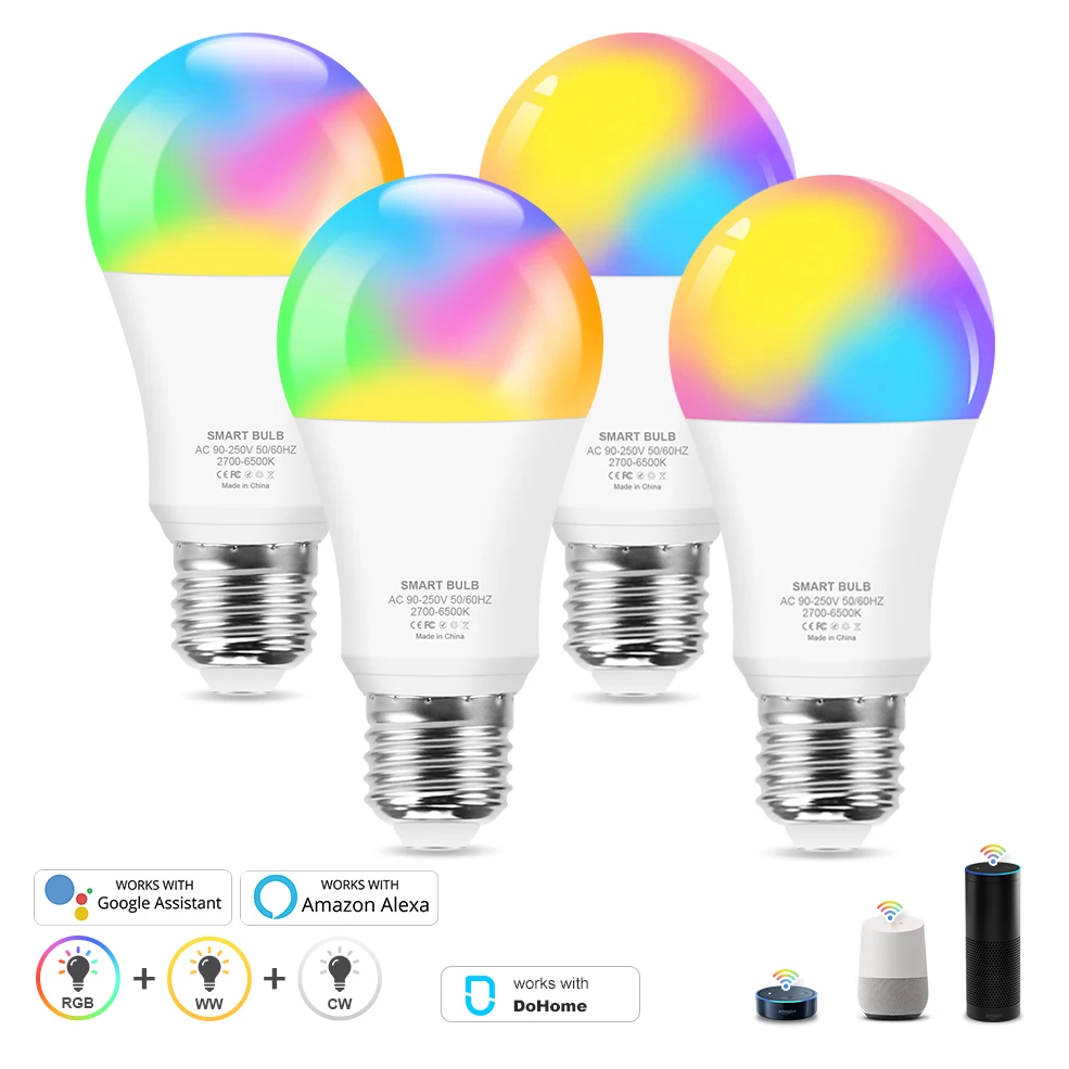 Умная лампочка E27 LED RGB с Wi Fi 12 Вт управление через приложение Alexa/Google Home + белый