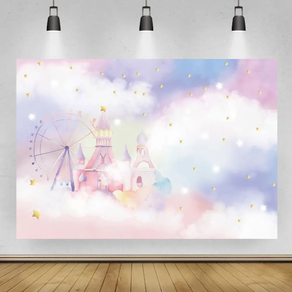 

Fairy Tale Rainbow Clouds Castly Princess Birthday Decor Backdrops Photography Newborn Baby Girl Portrait Photo Background Vinyl