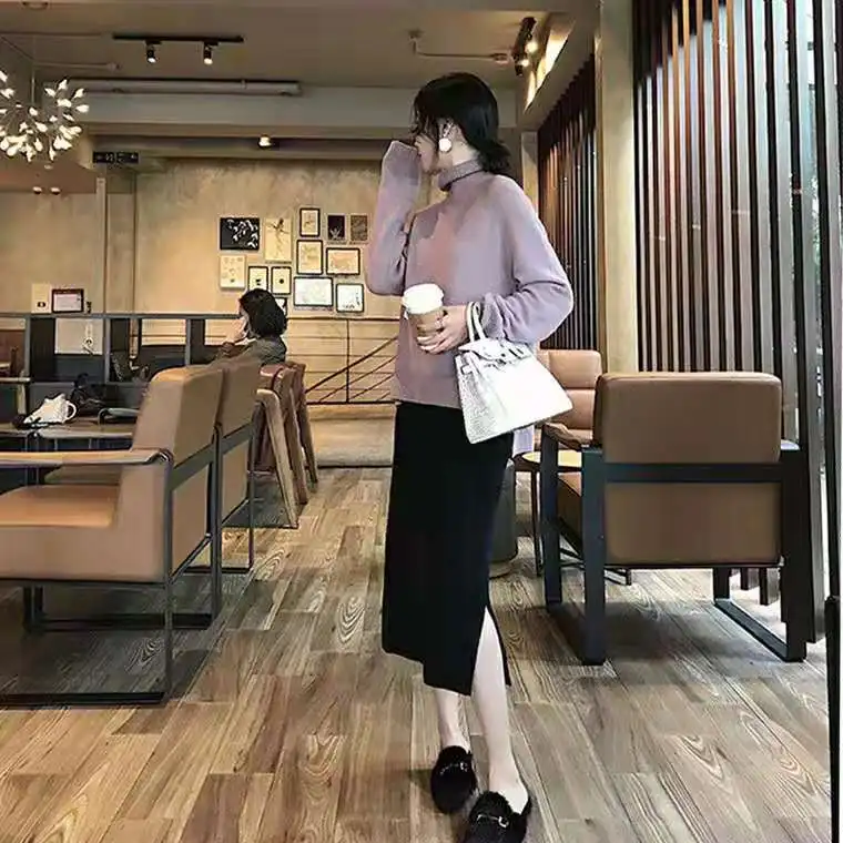 

New Autumn Winter Knit Skirt Women Midi Knitted Skirts Female Vintage Skirt Sexy Side Split Hip Package Faldas Jupe Femme