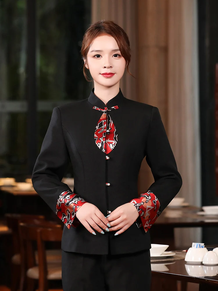 

Hotel work clothes women's farmhouse restaurant hot pot teahouse Chinese wind waiter clothing long-sleeved high-end