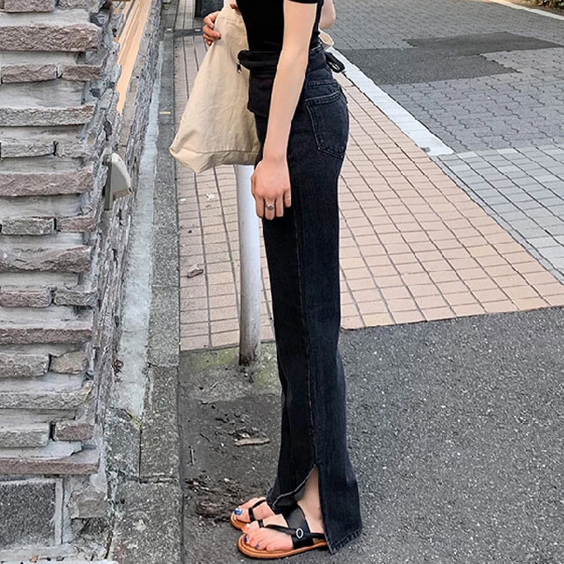 

Autumn New High Waist Jeans for Women Chic Straight Denim Jeans Split Loose Streetwear Female Black Jeans Femme 2021
