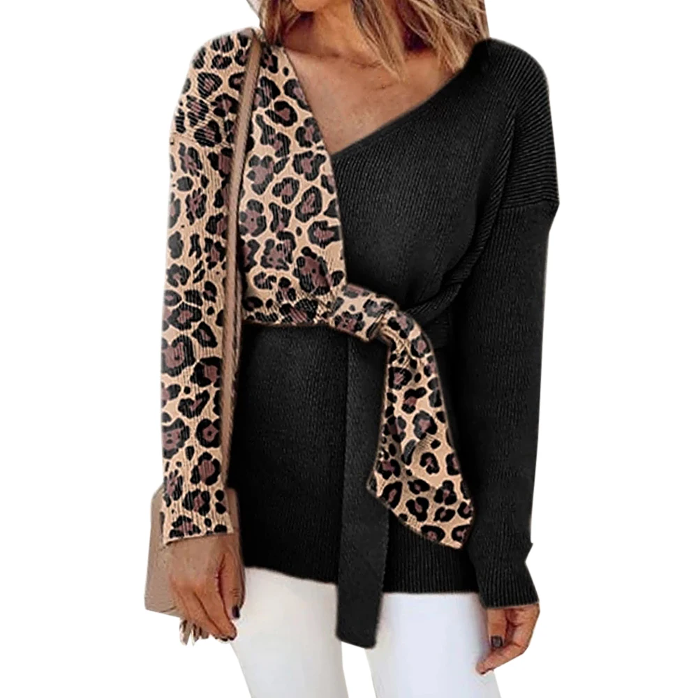 Women Patchwork Blouse Sweater Long Sleeve Bandage Baggy V Neck Loose Boho Ladies Two Tone Leopard Shirt Tops 2019 New | Женская одежда