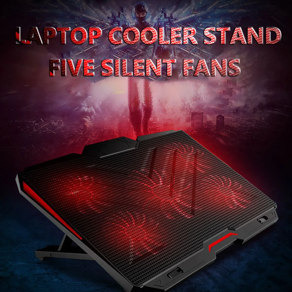 

5 Fans Laptop Cooler Riser 8 Levels Height Adjustable Notebook Cooling Pad Engineering Plastic Iron Mesh Support within 17 inch