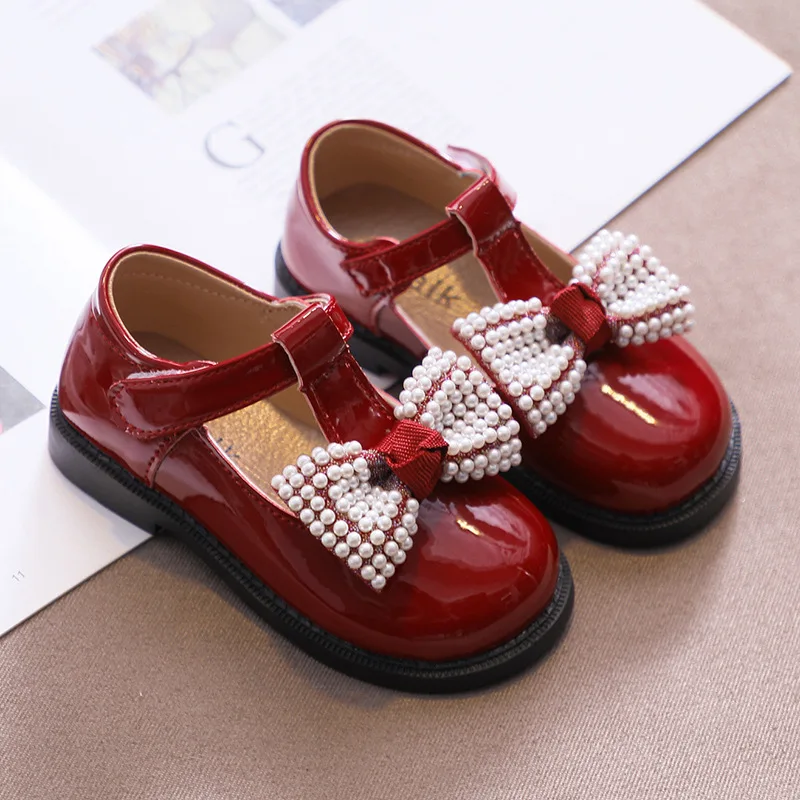 

New Kids Soft Bottom Pearl Bow Shoes Girls Princess Shoes 2022 Autumn Shiny Casual Shoes Children Sweet Non-slip Flats Hot