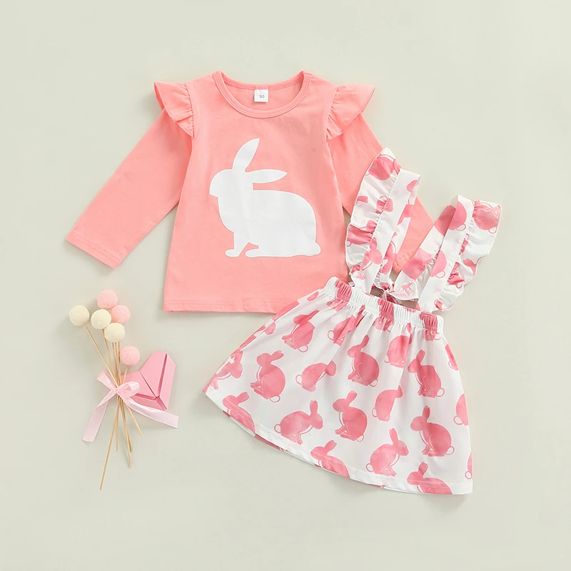 

2Pcs Easter Kids Baby Girls Outfit Toddlers Sweet Style Bunny Printing Long Sleeve Round Collar Tops + Suspender Skirt Set
