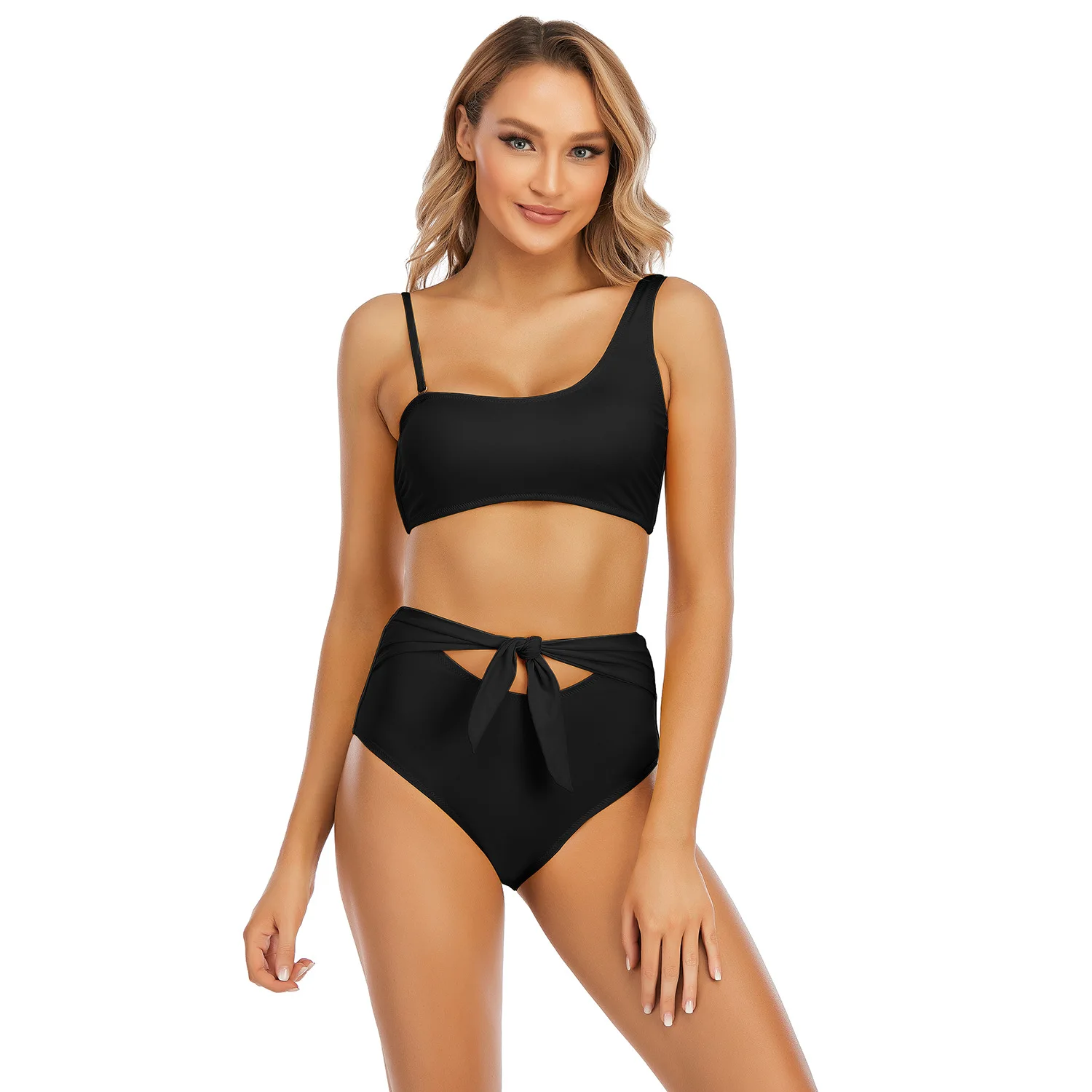 

2021 New Ladies Split Swimsuit Sexy Slim And Conservative Solid Color High Waist Bikini