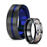 fashion mens black tungsten wedding band blue stainless steel ring punk mechanical gear wheel ring inlay blue carbon fiber ring