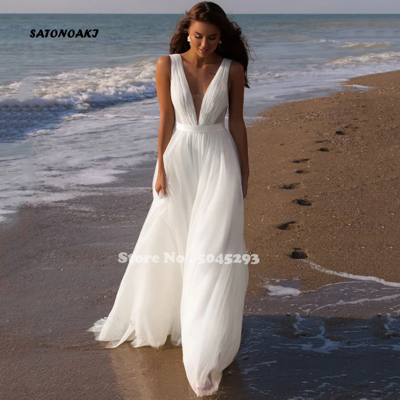 

Vestido De Noiva Simple Beach Wedding Dresses White V Neck Sexy Sleeveless Boho Bridal Gowns For Bride Custom Made Robe Mariée