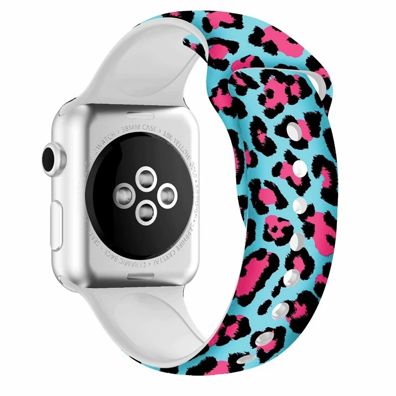 Pink Blue Leopard Apple watch Band цветочный Леопардовый силиконовый Печатный сменный ремешок браслет для iwatch 1 2 3 4 четыре стиля - Цвет ремешка: Pink Blue Leopard