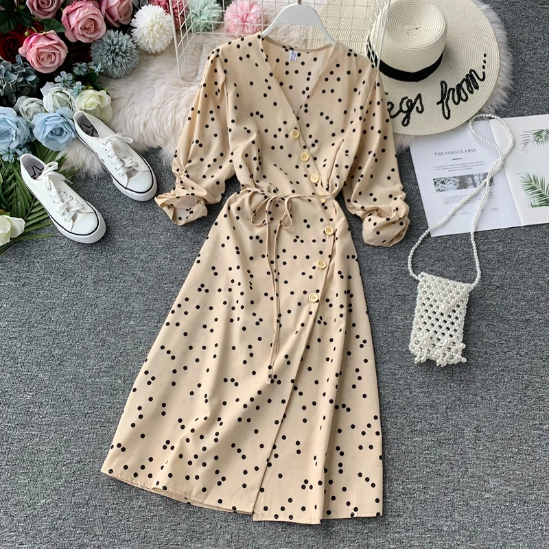 Light Grey Neploe осеннее шифоновое платье в горошек с тонкой талией и шнуровкой, женское платье трапециевидной формы с v-образным вырезом средней длины, праздничное платье 46155 - Цвет: Light Grey