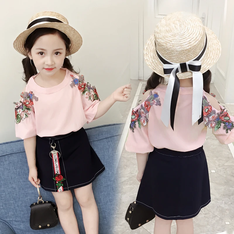 Летний комплект из 2 предметов для девочек детская Блузка + юбка Детский костюм