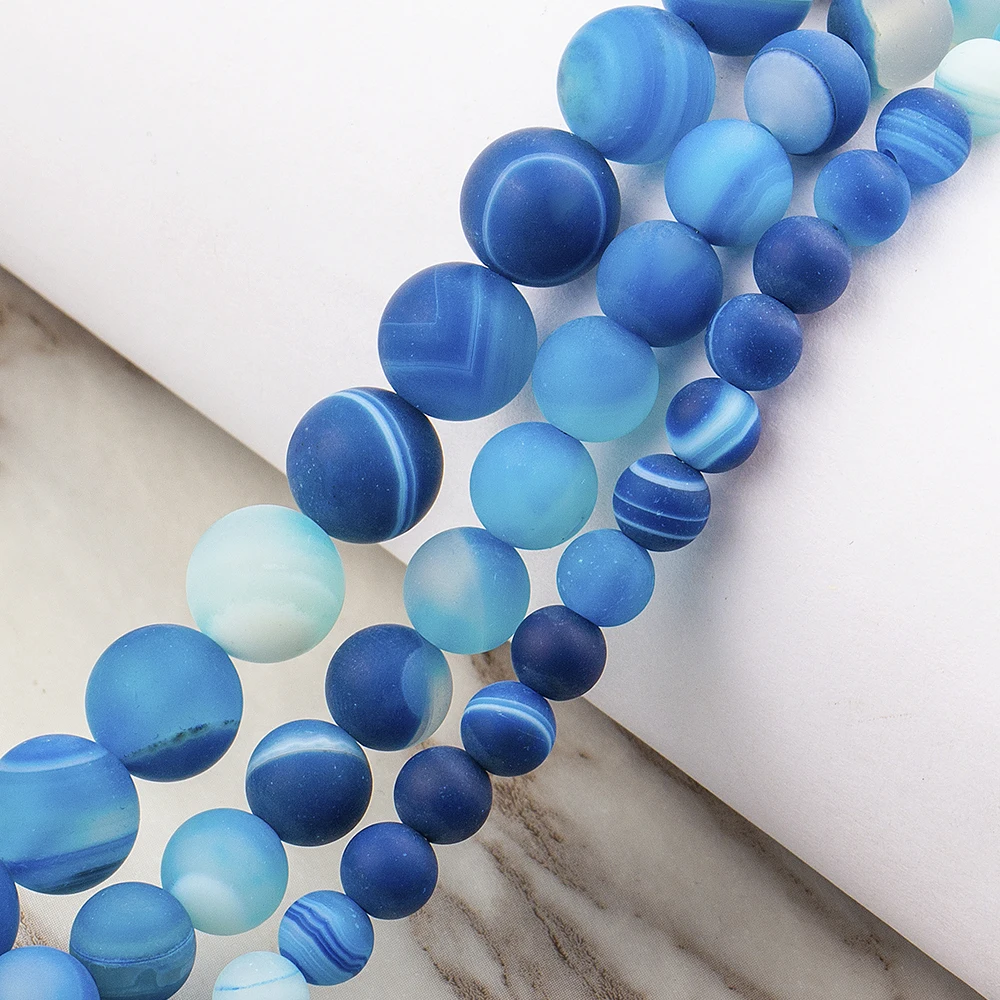

Trendy Blue Striped Frosted Agate Loose Spacer Beads For Charm Jewelry Making Handmade Diy Bracelet Necklace Accessories