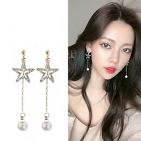 s925 silver needle five pointed star earrings long pearl tassel earrings temperament super fairy simple earrings long jewelry