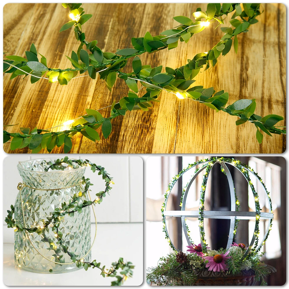 СВЕТОДИОДНЫЕ гирлянды рождественские с зелеными листьями из ротанга и медной