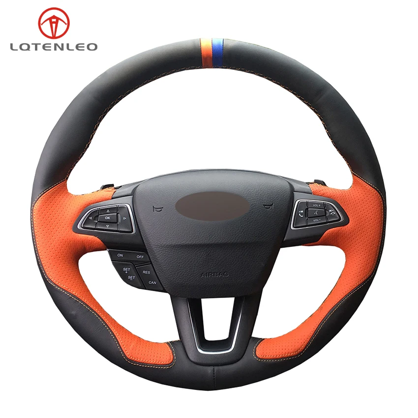 

LQTENLEO Black Orange Leather Car Steering Wheel Cover For Ford Focus 3 2014-2018 Kuga Escape C-MAX Ecosport 2015-2019 Eco sport