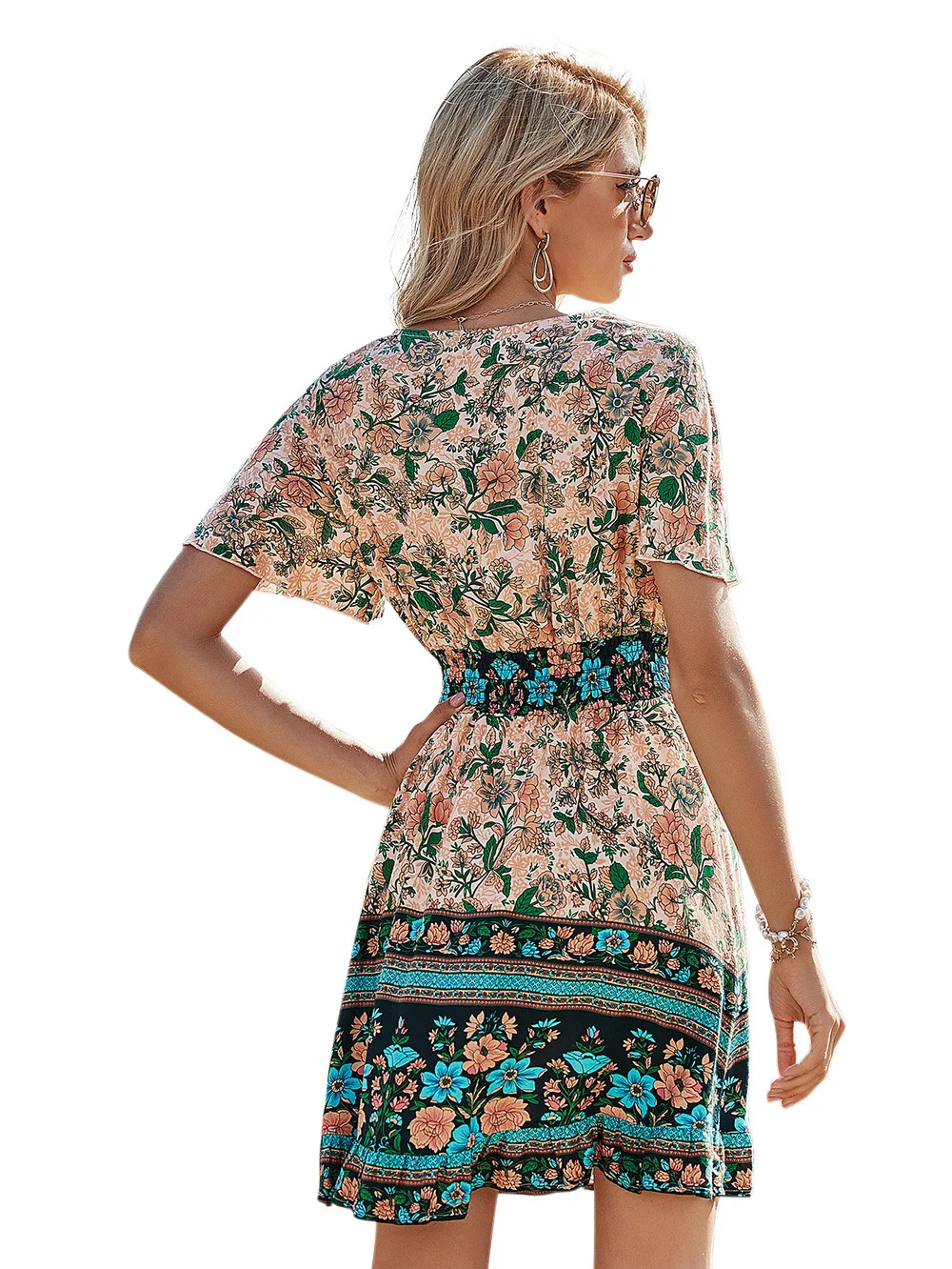 

Vintage Print Dress 2021 Summer Beach Dress for Womens New Splicing High Waist V-neck Short-sleeved Bohemian Mini Dress Vestido