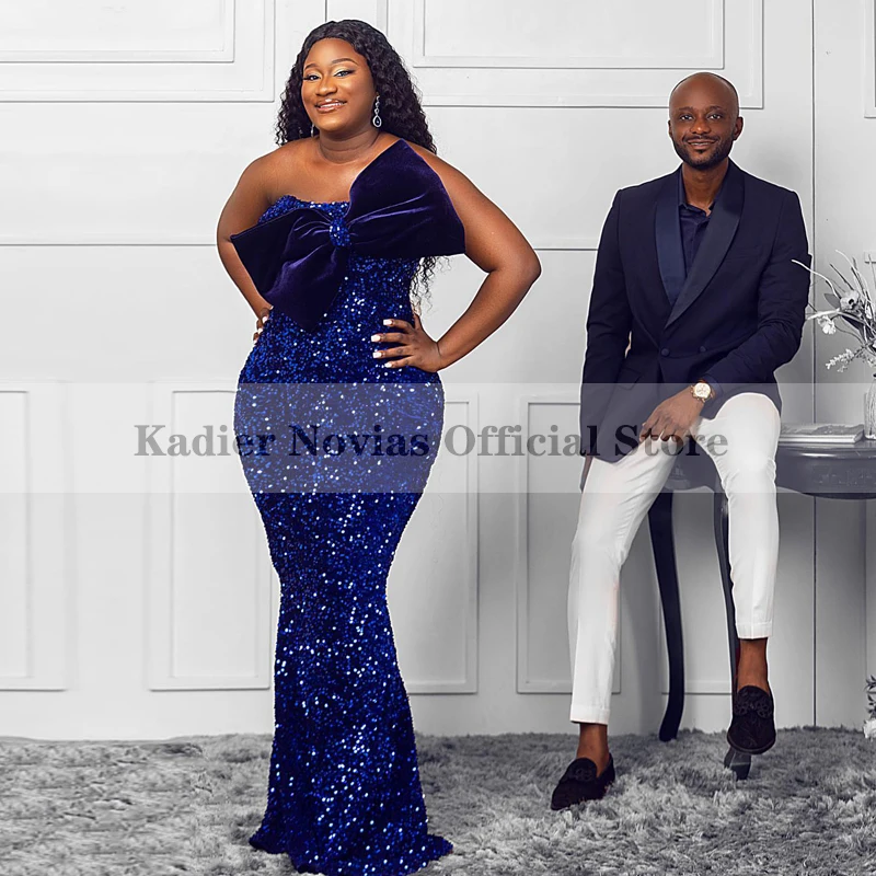 

Женское длинное вечернее платье-русалка, синее платье с блестками и бантом в африканском стиле, черное праздничное платье для девушек, офиц...
