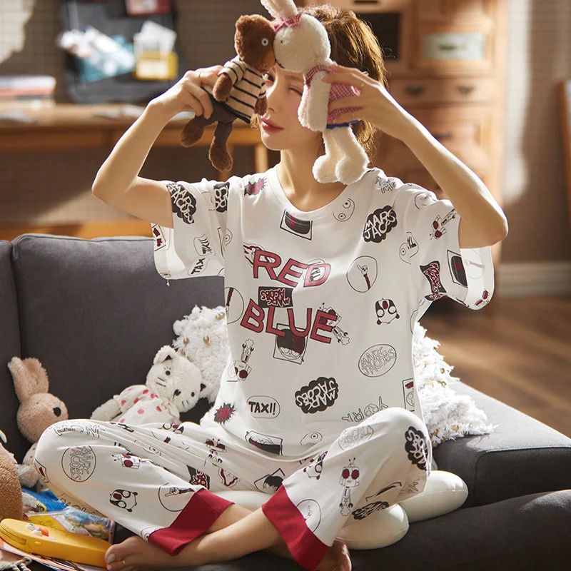 

Pajamas women's short-sleeved trousers two-piece suit cute sweet loose cotton casual home wear autumn
