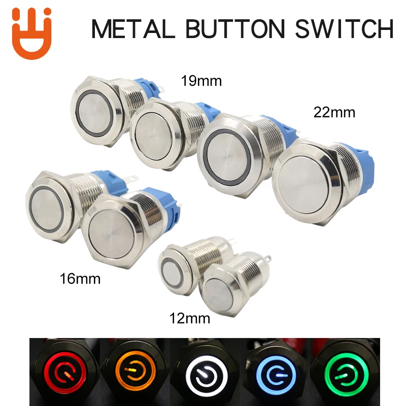 

12/16/19/22MM Waterproof Metal Push Button Switch Self-Locking/Self-Reseting LED Light Car Engine Power Switch12V 24V 110V 220V