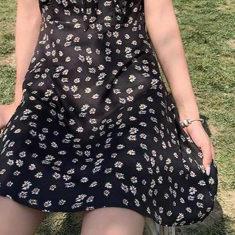 

Mini Dresses Women Daisy-print Korean Style Chic Trendy Popular Slim Leisure Ulzzang Simple College Students Vestido Feminino