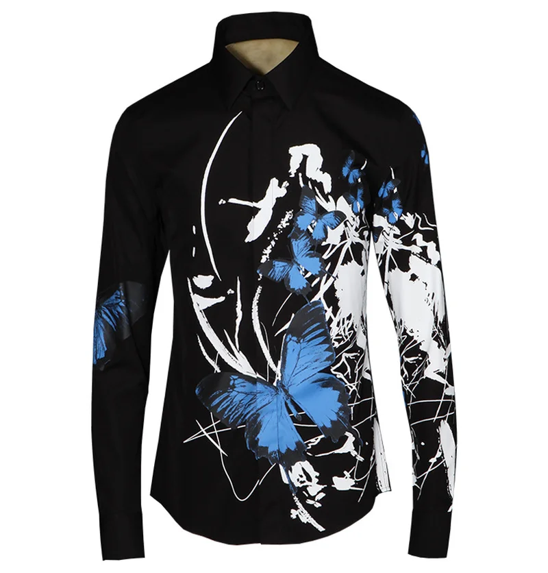 Мужская рубашка с принтом бабочка модная уличная длинным рукавом для мужчин