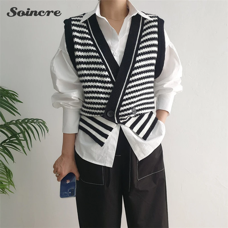 

Autumn Striped Sweaters Vest Women 2021New Vintage Wild Tops Stylish Sleeveless Cardigan Knitted Waistcoat High Street Casual