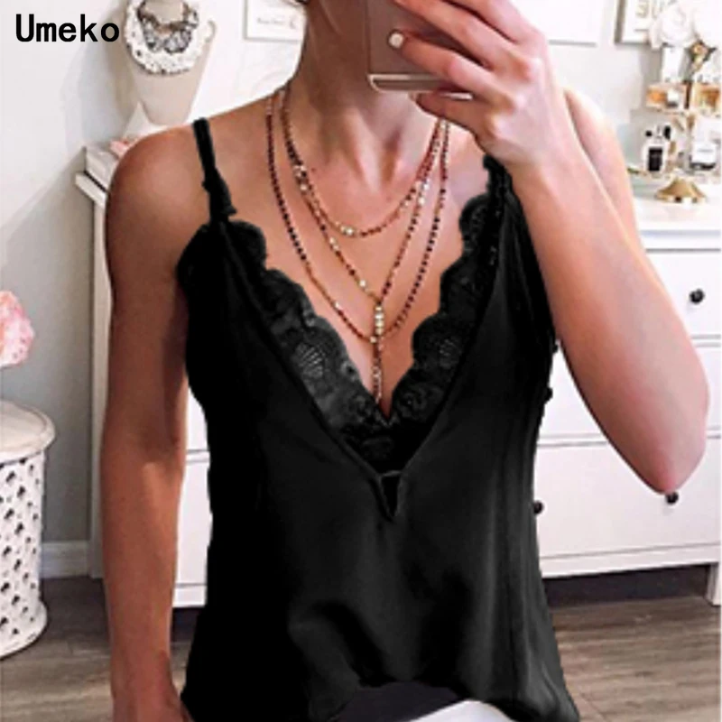 

Umeko Summer Sexy Women's Sleeveless Lace Tank Top Sexy Spaghetti Strap Deep V-neck Vest Tops Basic Blusas Casual Camisole Shirt