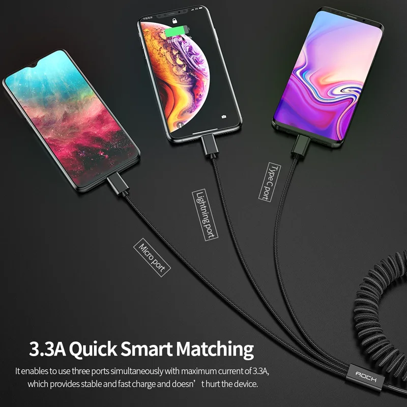 ROCK 3 в 1 USB-кабель для Lightning, Type-C, Micro USB 3.3A быстрая зарядка, упругий нейлоновый шнур для iPhone, Huawei, Samsung.
