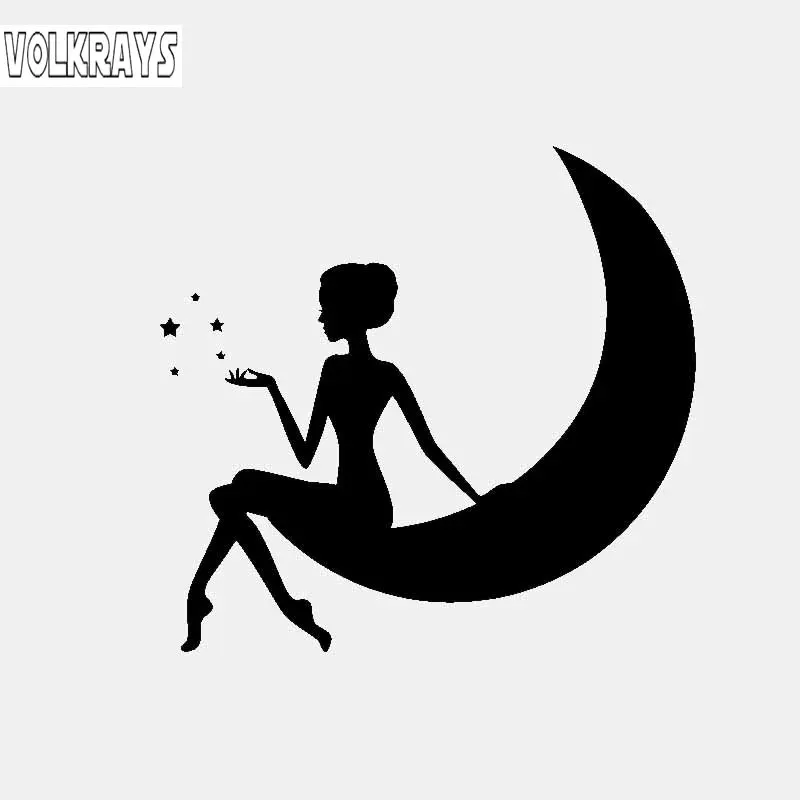 

Volkrays Lovely Car Sticker Girl on The Moon and Stars Accessories Reflective Sunscreen Vinyl Decal Black/Silver,11cm*12cm
