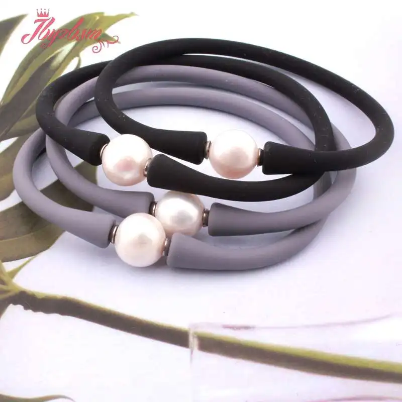 

10mm Round Freshwater Pearl Silicone Bracelet Stone Beads Casual Waterproof For Christmas Best Gift Bangle Bracelet 1 Pcs