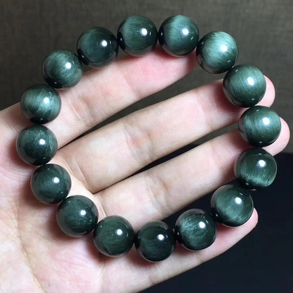 

Natural Green Rutilated Quartz Cat Eye Gemstone Brazil Bracelet 13.5mm Women Men Stretch Crystal Round Bead Bracelet AAAAA