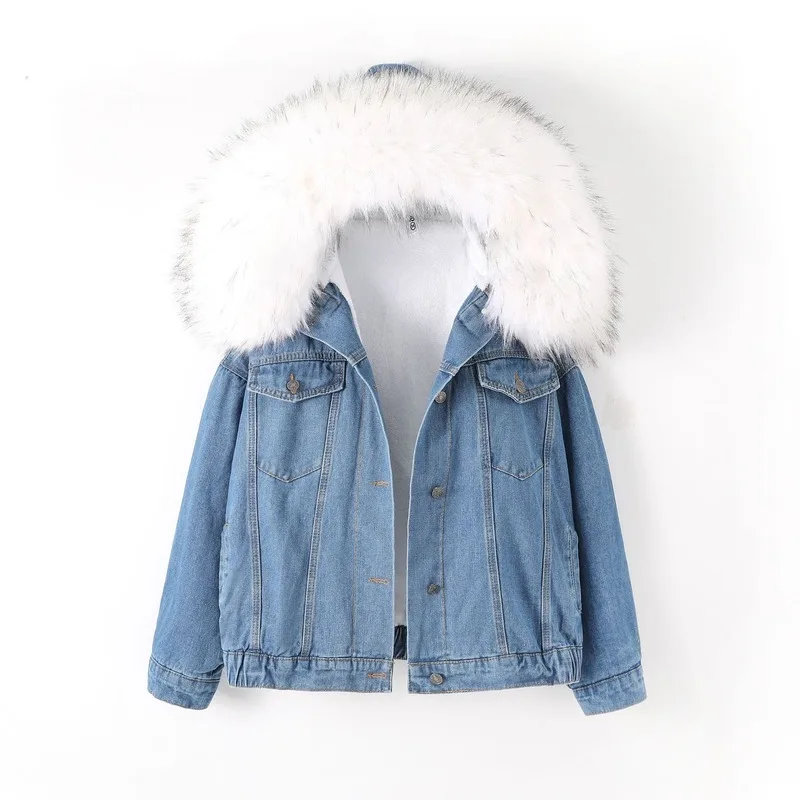 

Зимний джинсовый топ с флисовой подкладкой, Женский Повседневный свободный приталенный универсальный короткий большой меховой воротник, р...