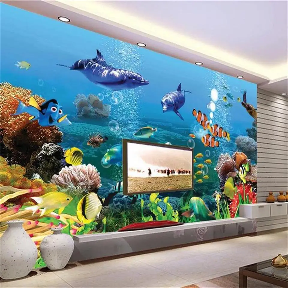 Фотообои на заказ настенные нетканые обои с рисунком морских животных подводный