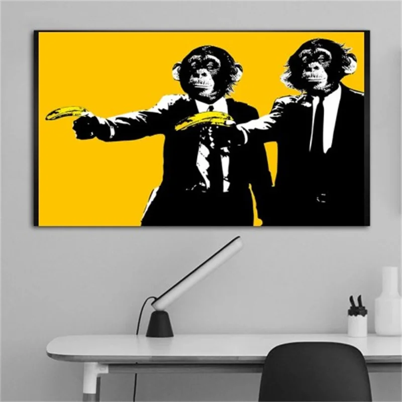 

Modern Orangutan Monkey Art Canvas Print Painting Gorilla Holding Banana Animal Funny Yellow Wall Picture Home Decoration Poster