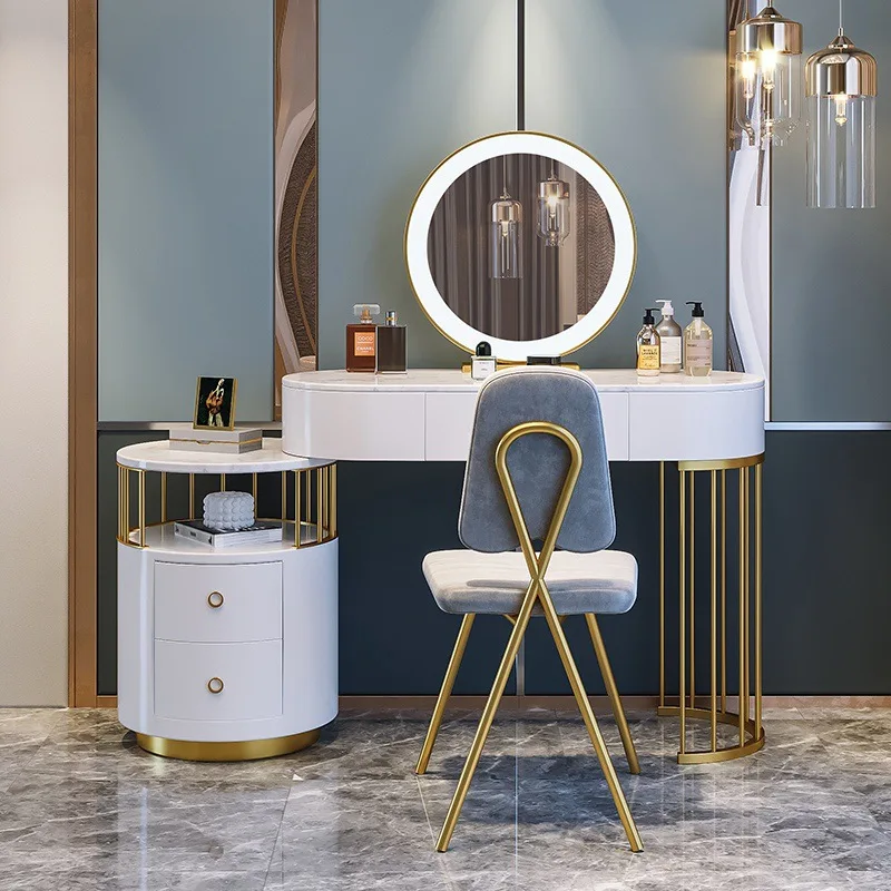 

Dressing Vanity Table with Mirror 3 Color Dimmable Marble Desktop Makeup Chair and Nightstand Multi Storage Drawers Sliding 80cm