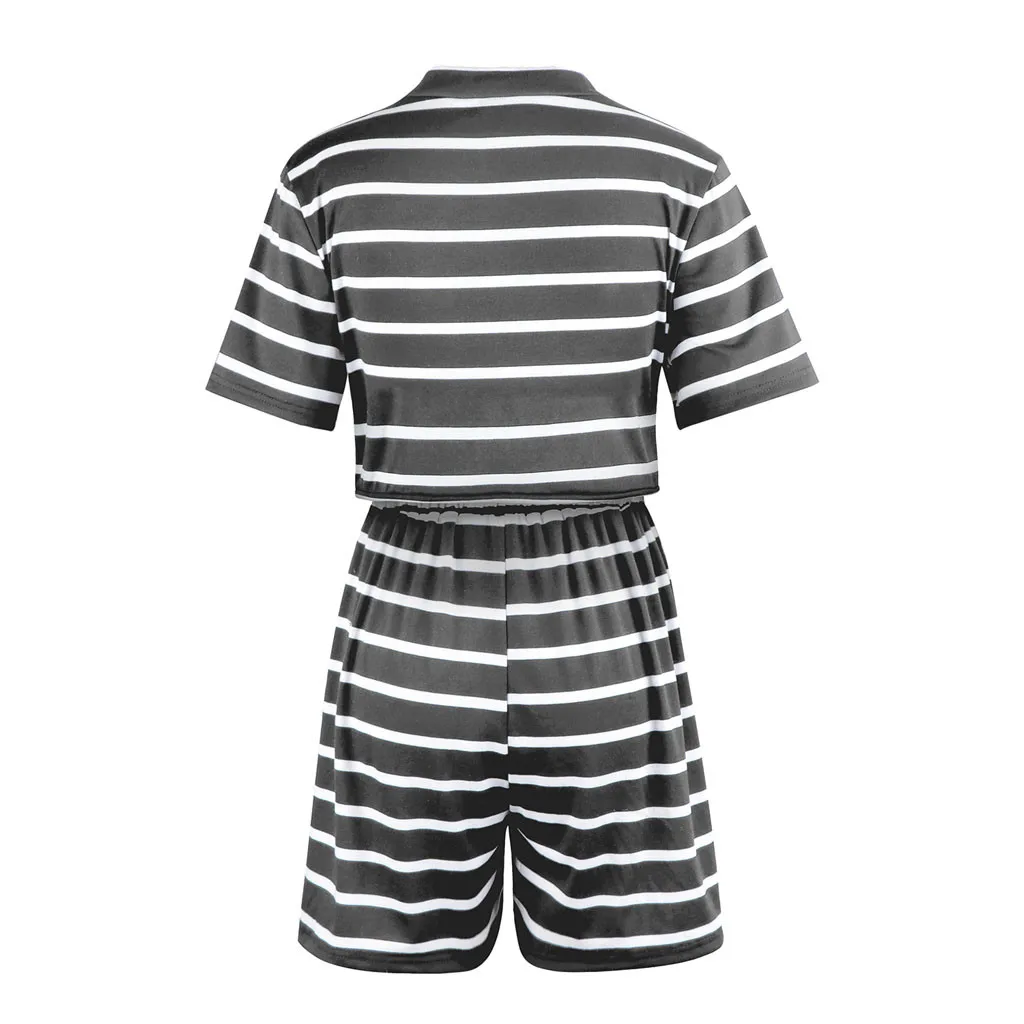 

Womens Short Sleeve Striped V-Neck Pockets Lace Up Playsuit Combinaison Short Femme Ladies Summer Mini Playsuit Shorts Rompers