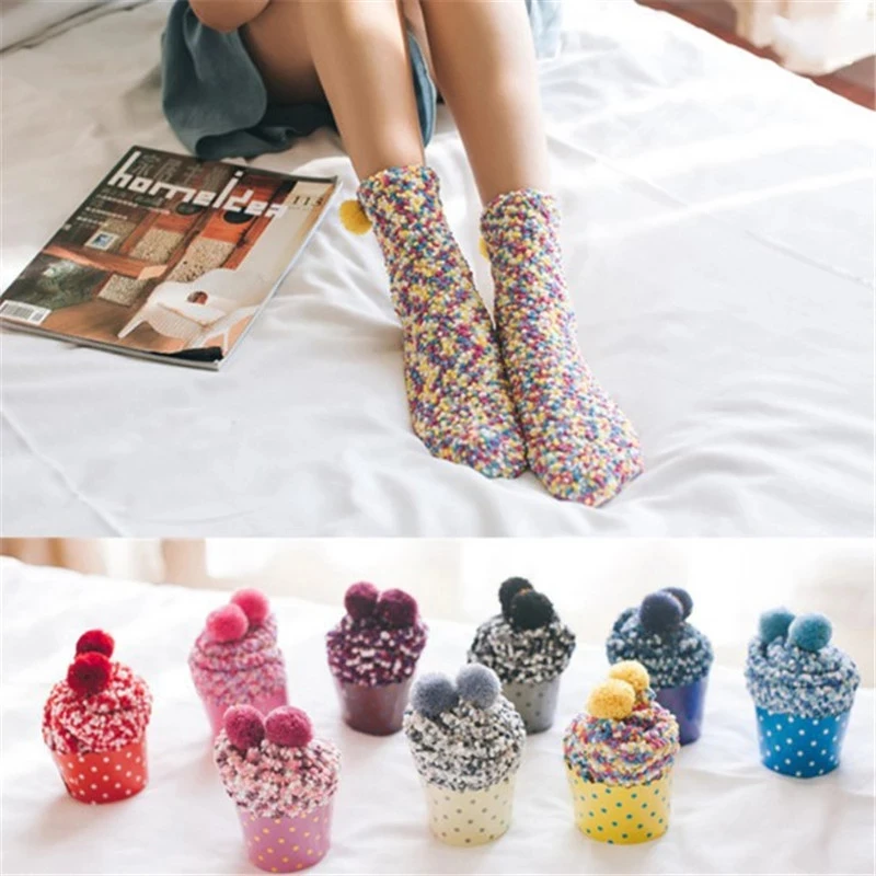 

Ladies Cake Socks New Plush Knitting Warm Socks Casual Lovely Coral Fleece Candy Colors Cake Sock Comfortable Breathable