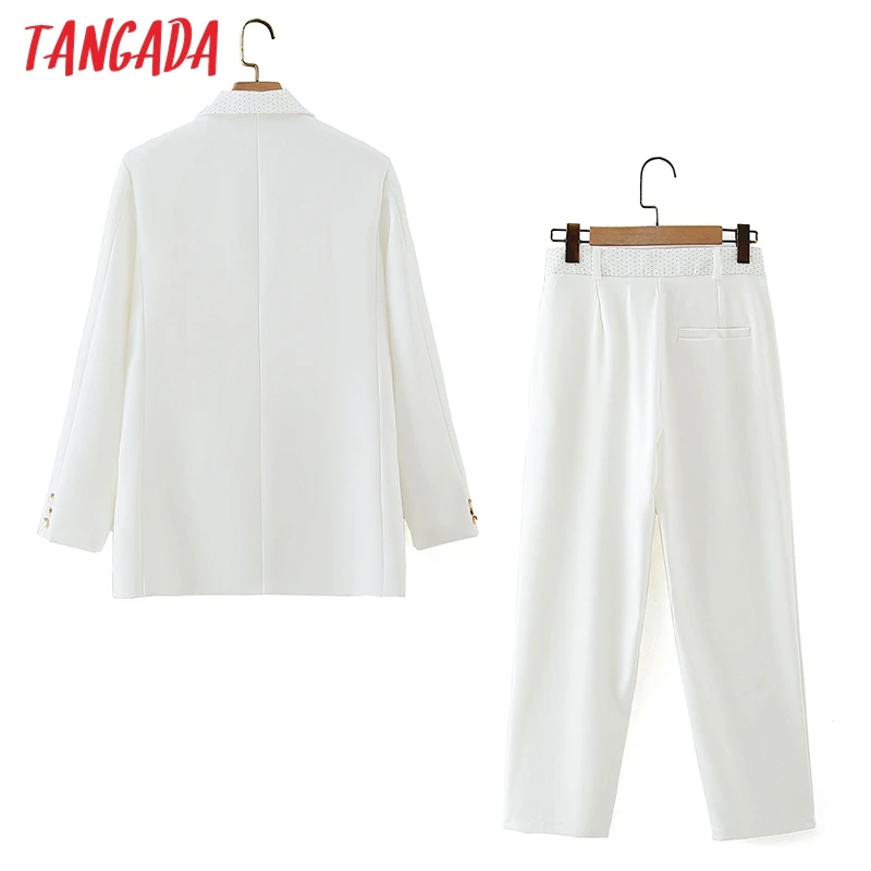 

Tangada Elegant Women's Set Collar Dot Patchwork White Blazer Pants Set 2021 Fashion Suit 2 Piece Set Coat and Pants DA67