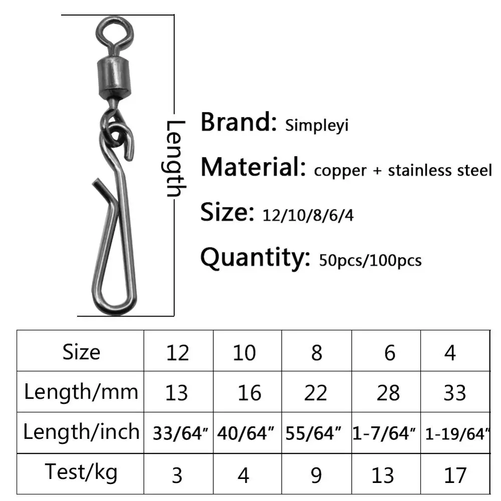 50-100pcs/box Fishing Swivels Connector 4#-12# Interlock Pin Snap Rolling Swivel For Fishhook Lure Carp Fish Snap Accessories