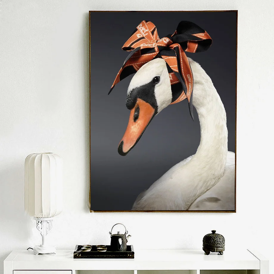 Белый лебедь оранжевый Шелковый шарф настенный арт принт холст живопись