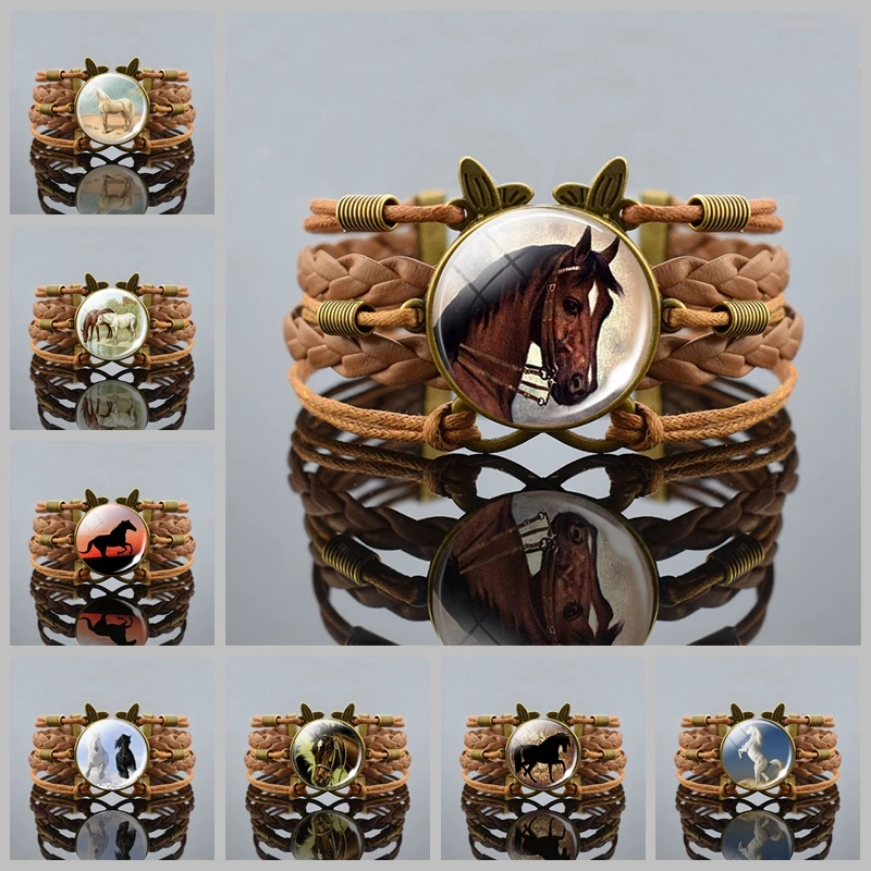 

Horse Pattern Glass Dome Brown Leather Bracelet Horse Head Art Infinity Butterfly Bangle Bracelet Jewelry Animal Birthday Gift